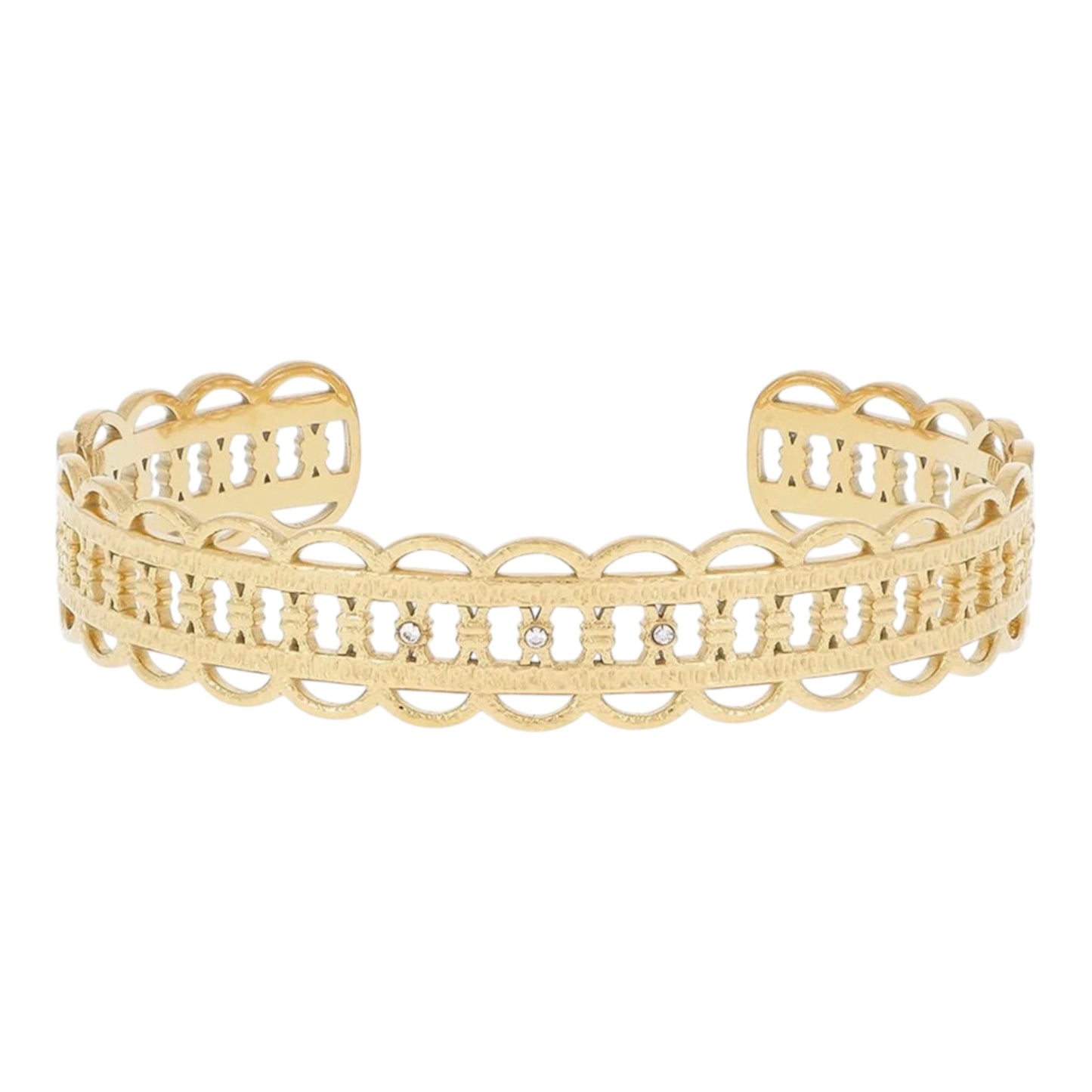 Bracelet Ozaya doré, manchette ouverte motif dentelle, acier inoxydable hypoallergénique, Maëlyne Beauty