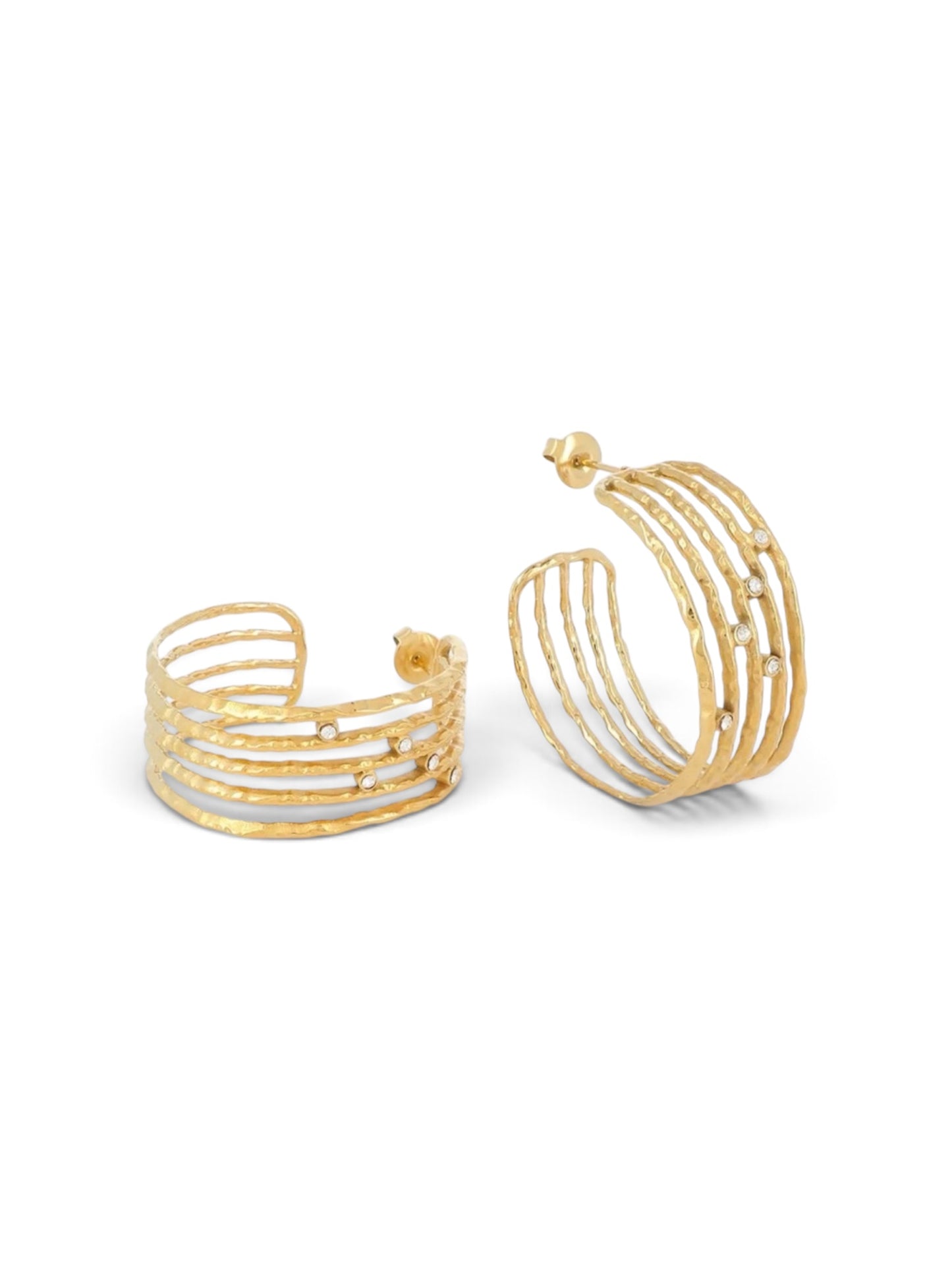 Boucles d'oreilles Cindy dorées, créoles ouvertes à lignes multiples, acier inoxydable hypoallergénique, Maëlyne Beauty