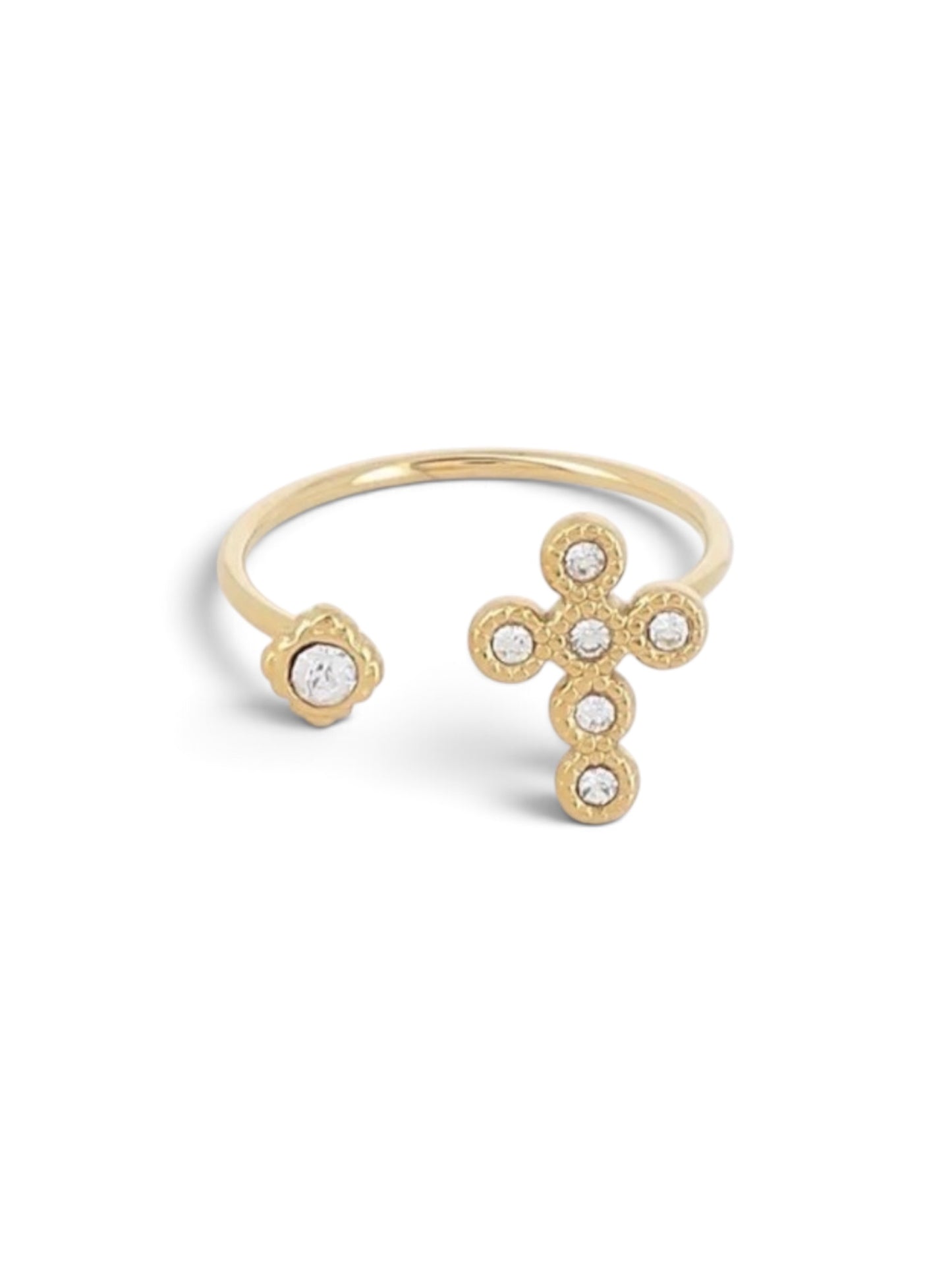 Bague Croix dorée ajustable, anneau ouvert pavé de zircons, acier inoxydable hypoallergénique, Maëlyne Beauty