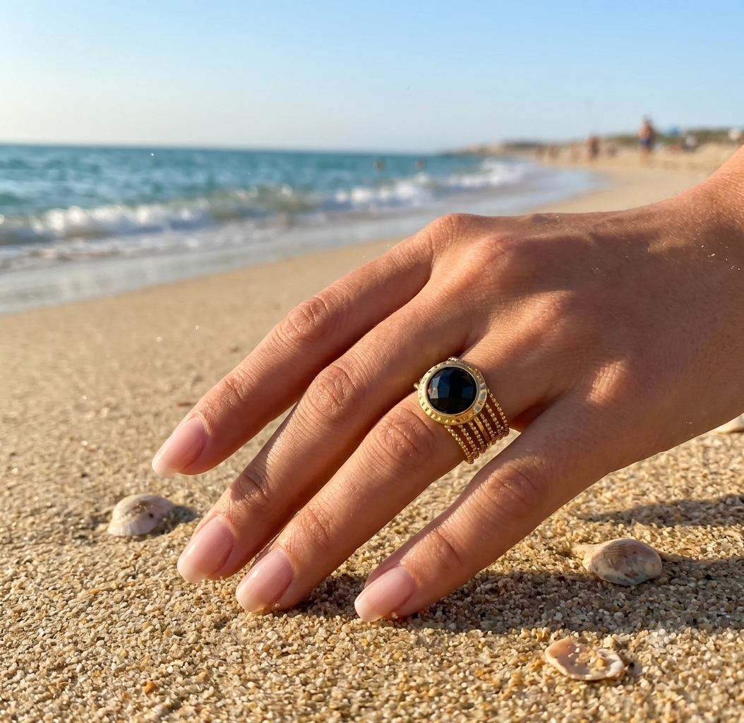 Bague Diane ajustable pierre noire acier inoxydable Maëlyne Beauty