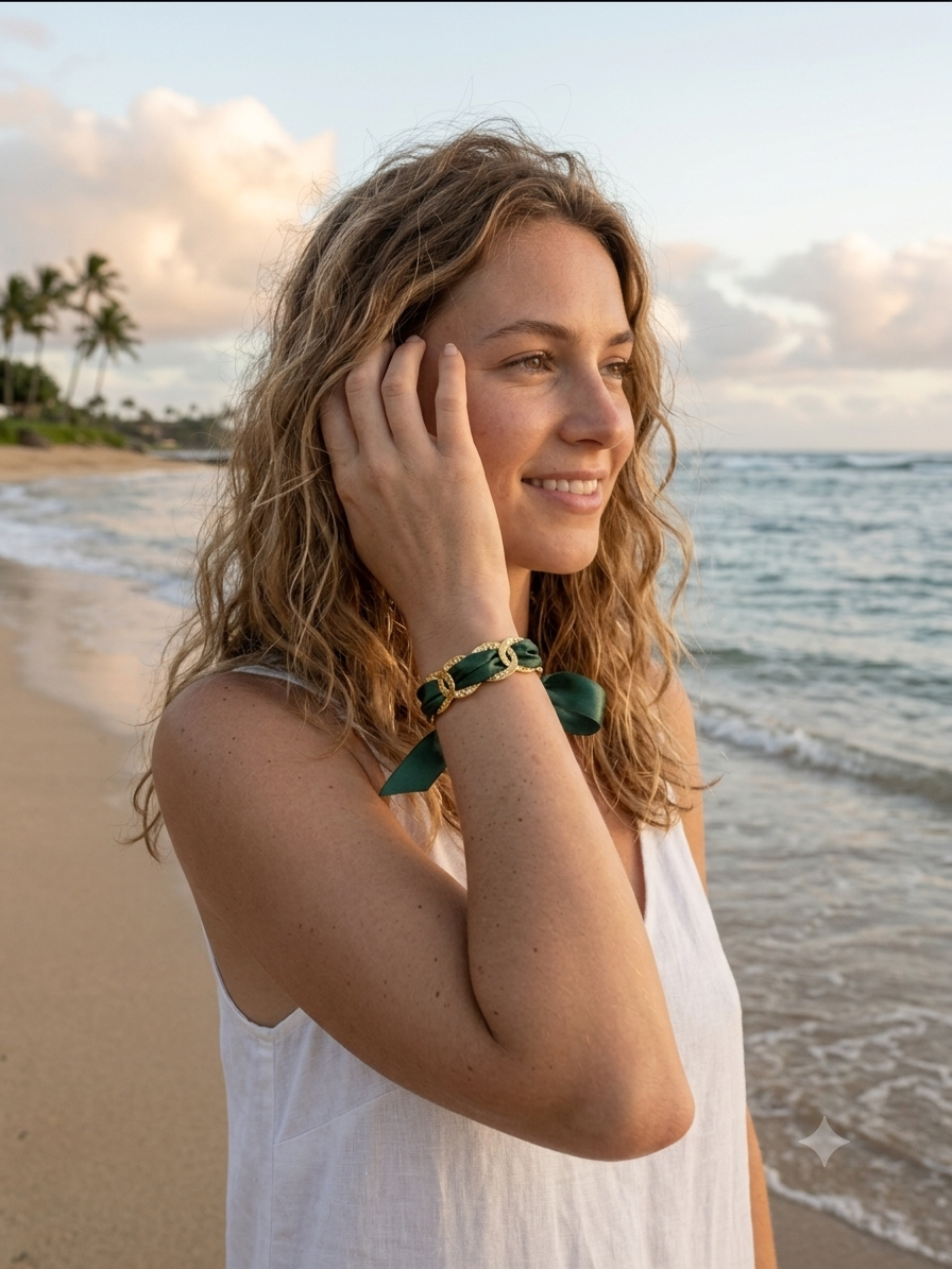 Bracelet ajustable en acier inoxydable avec ruban satin vert interchangeable 