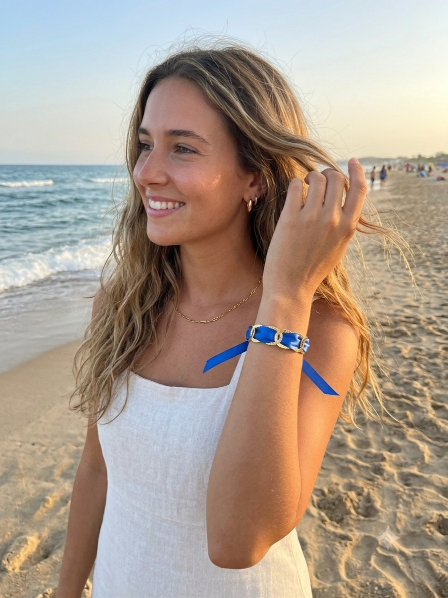 Bracelet ajustable en acier inoxydable avec ruban satin bleu électrique 
