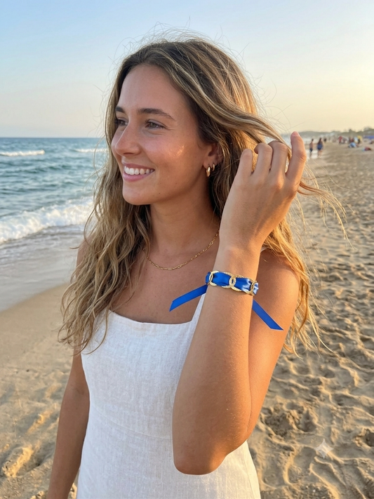 Bracelet ajustable en acier inoxydable avec ruban satin bleu électrique 
