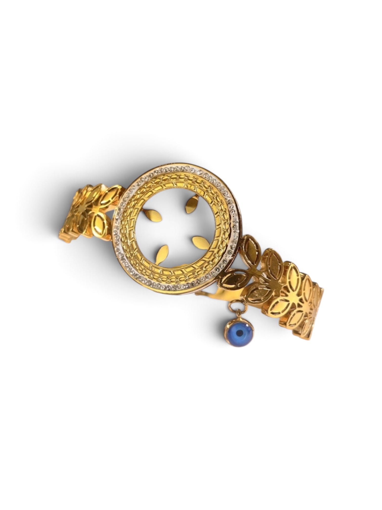 Bracelet Zohra jonc doré avec médaillon central entouré de strass et pampille œil bleu 
