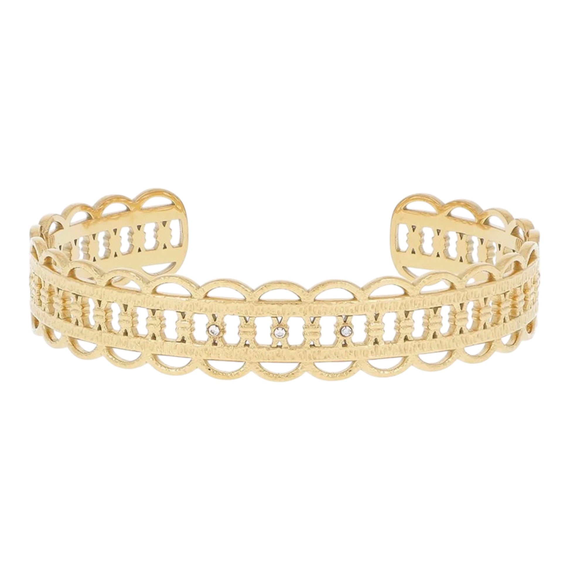 Bracelet Ozaya doré, manchette ouverte motif dentelle, acier inoxydable hypoallergénique, Maëlyne Beauty