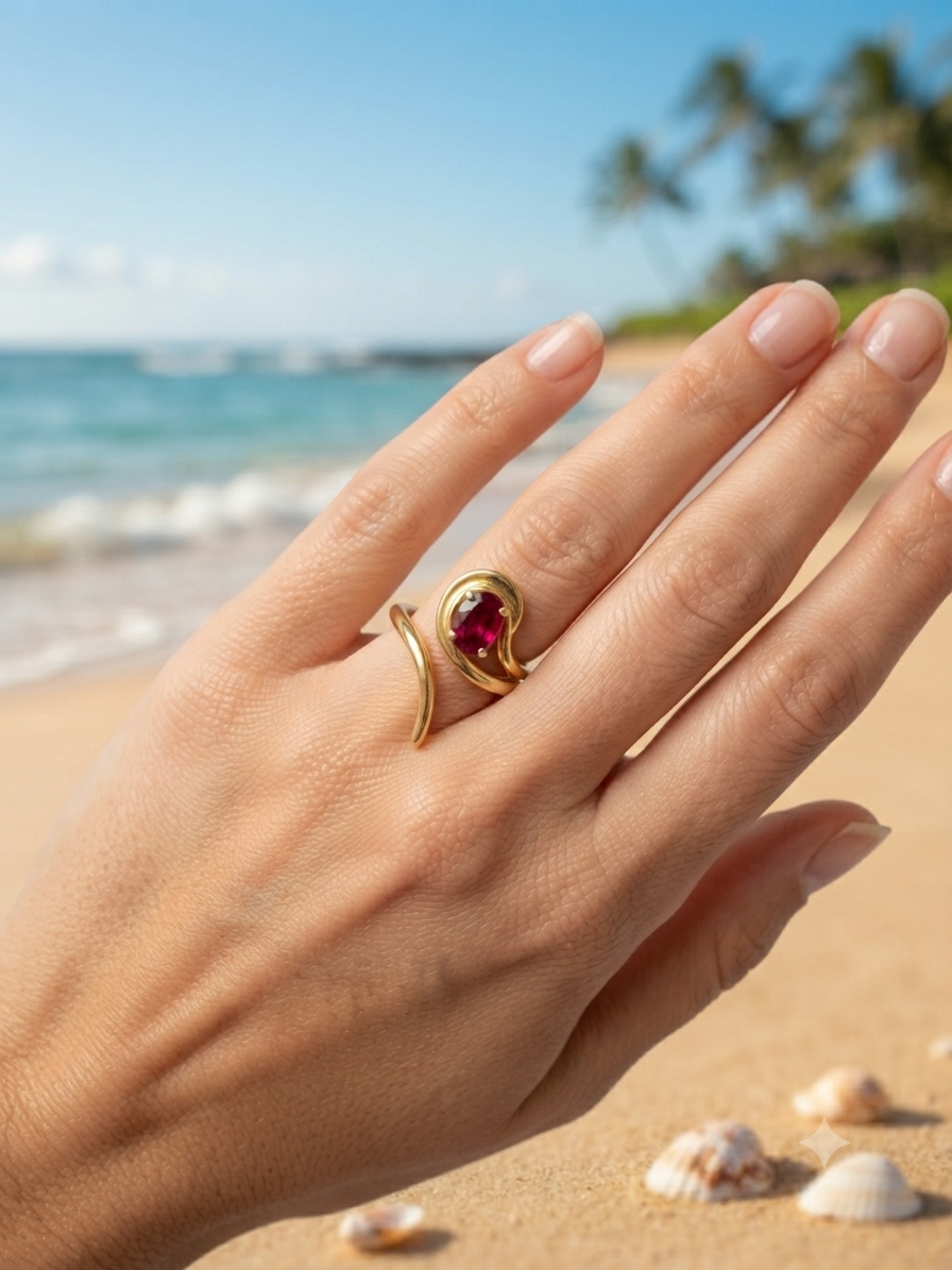 Bague Olivia dorée à pierre rubis portée à la main sur fond de plage