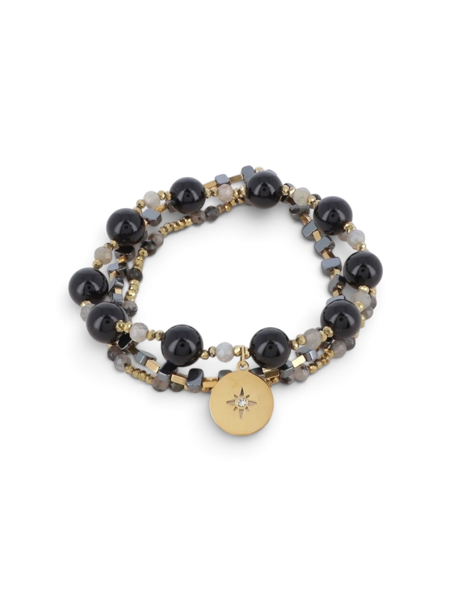 Bracelet Nolce multi-rangs, perles noires et dorées avec médaille pampille, Maëlyne Beauty