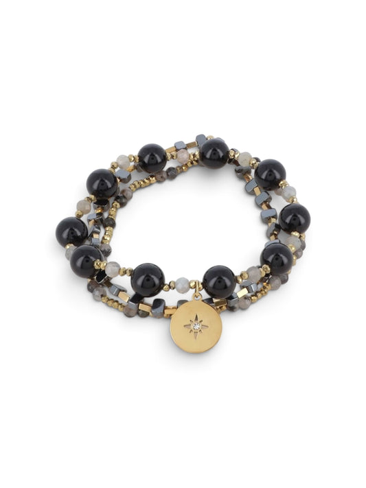 Bracelet Nolce multi-rangs, perles noires et dorées avec médaille pampille, Maëlyne Beauty