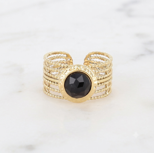 Bague Diane ajustable pierre noire acier inoxydable Maëlyne Beauty
