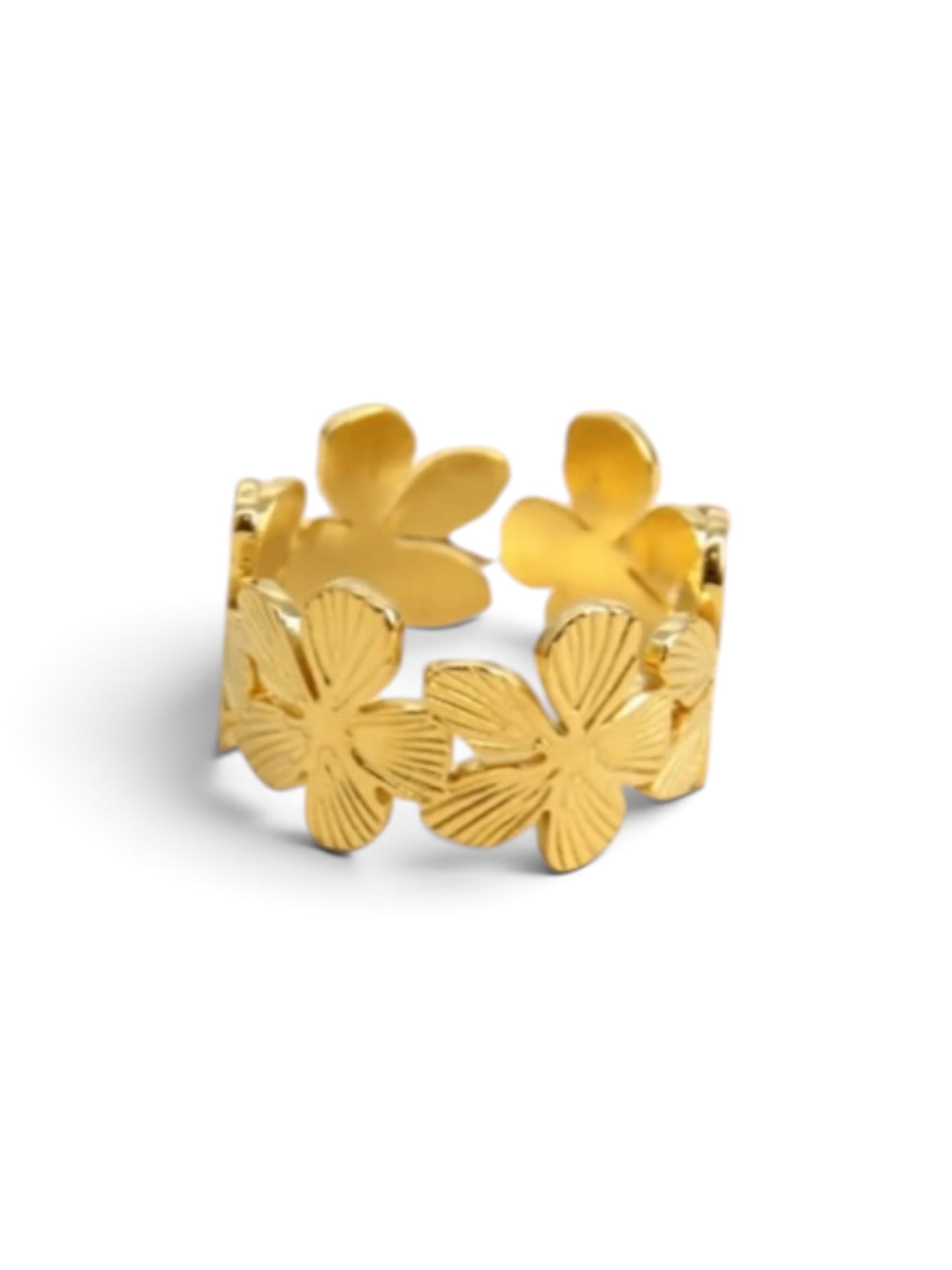 Bague Lisia dorée, anneau orné de fleurs ciselées, acier inoxydable hypoallergénique, Maëlyne Beauty