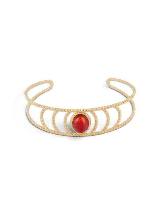 Bracelet Iza rouge, manchette dorée à rayures avec pierre ovale, Maëlyne Beauty