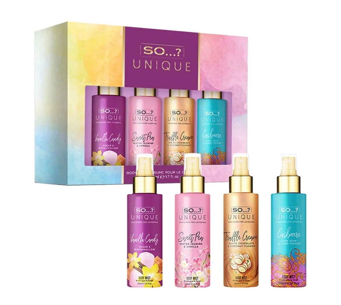 Coffret brume corps So... Unique - 4 brumes parfumées 50ml Maëlyne Beauty