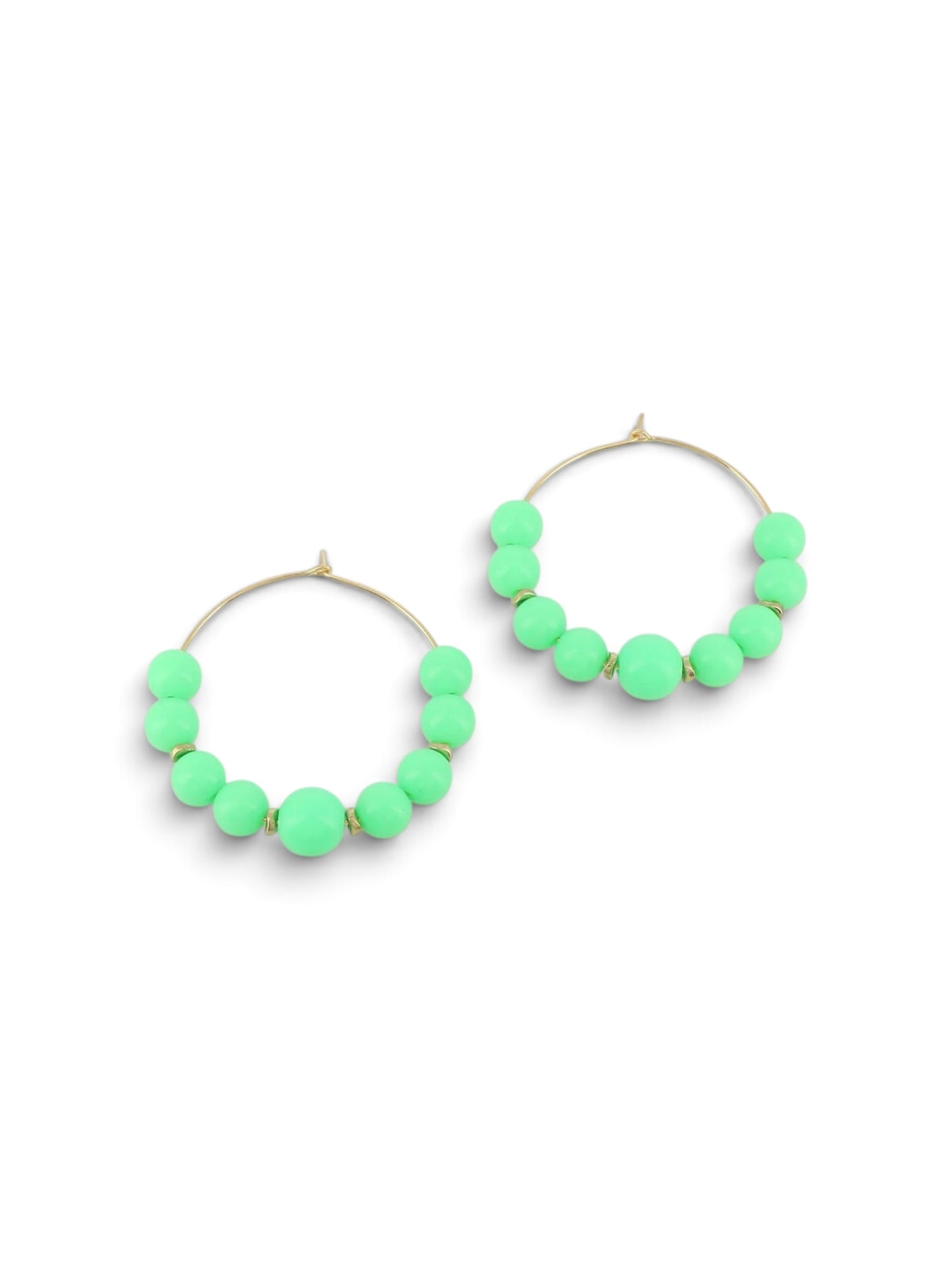 Boucles d'oreilles Perla vert fluo, créoles dorées perlées, Maëlyne Beauty