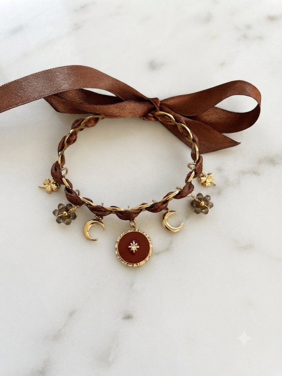 Bracelet breloques chocolat en acier inoxydable, ruban satin noué et breloques dorées trèfle et lunes