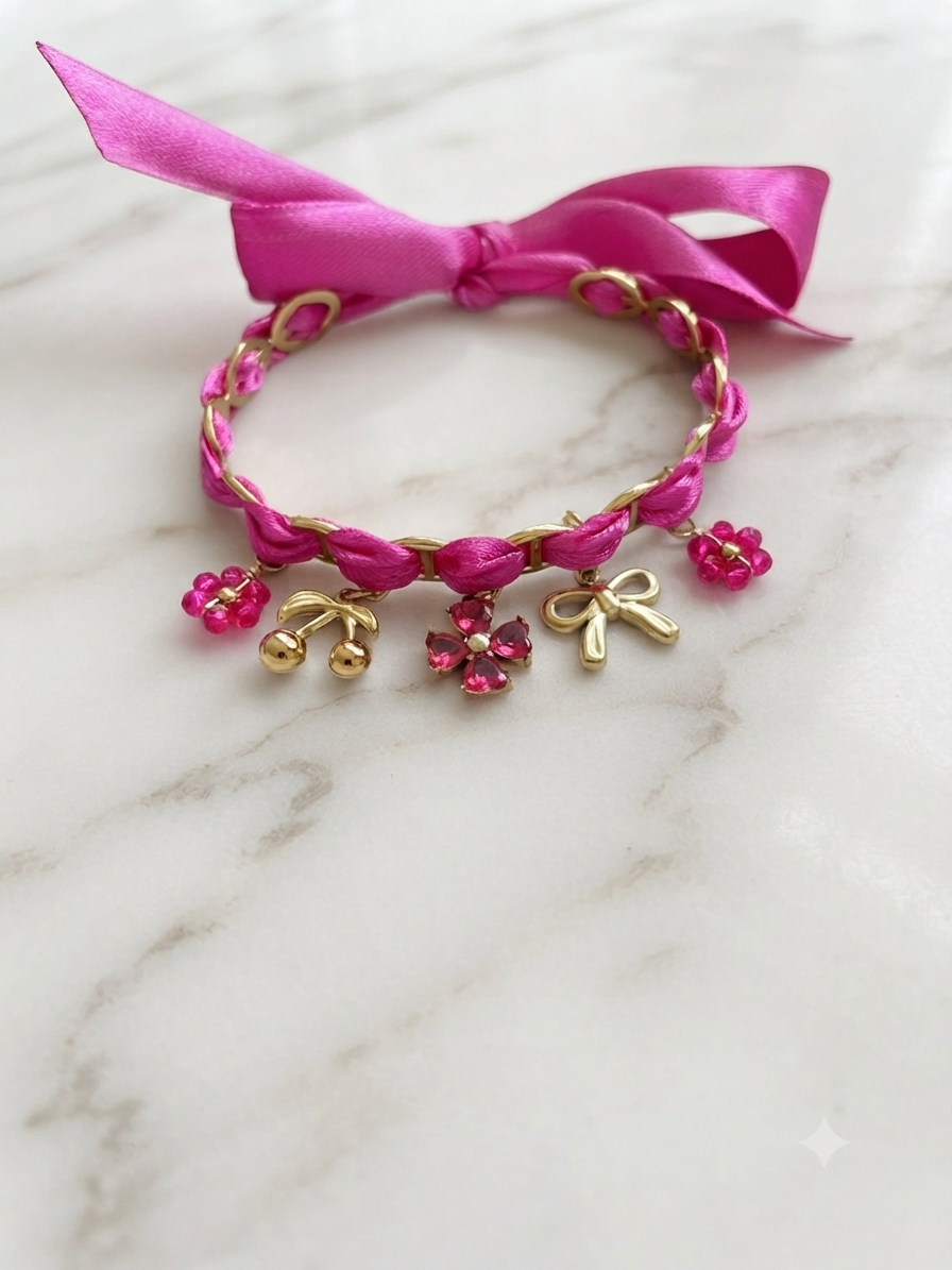 Bracelet fuchsia en acier inoxydable avec ruban satin et breloques dorées fleurs et cerises
