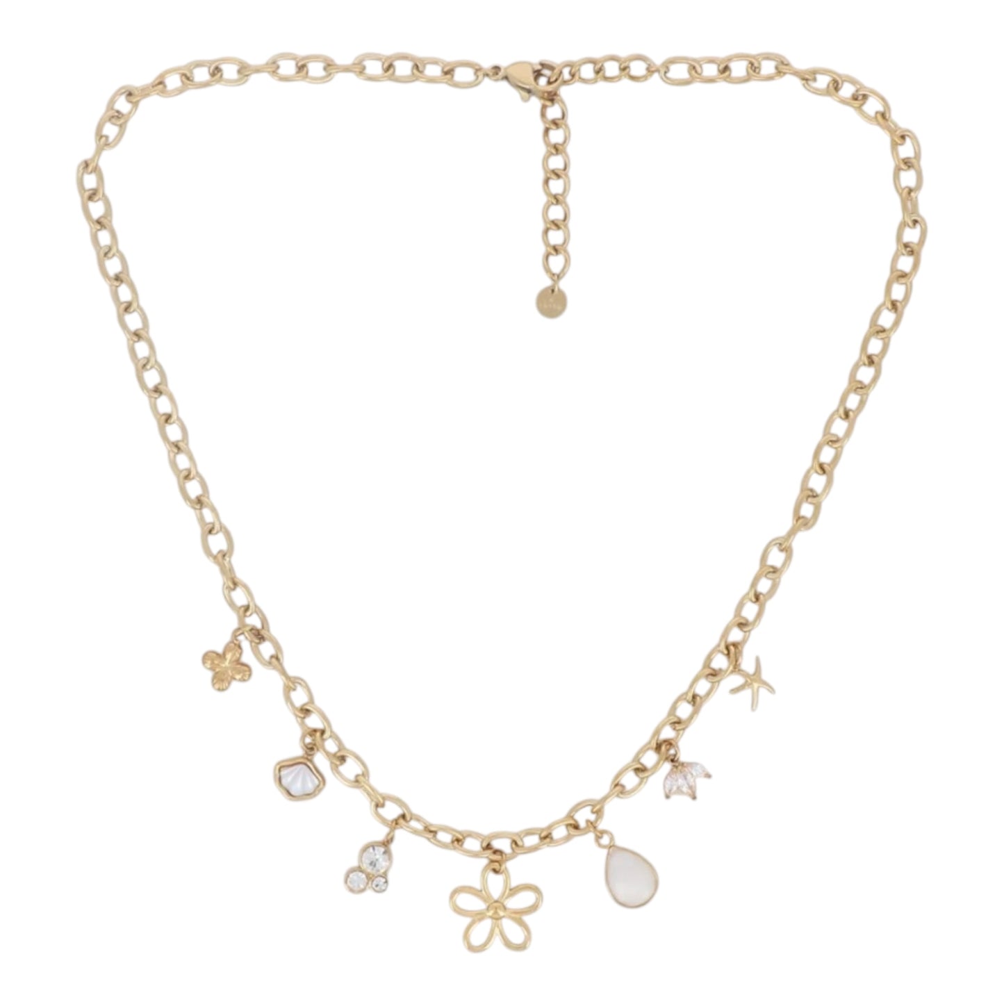 Collier Tatiana doré, chaîne avec breloques fleur, étoile et perle nacrée, Maëlyne Beauty
