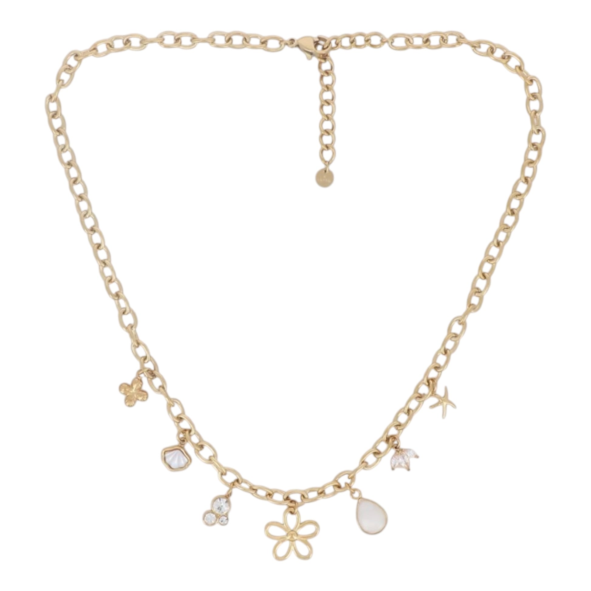 Collier Tatiana doré, chaîne avec breloques fleur, étoile et perle nacrée, Maëlyne Beauty