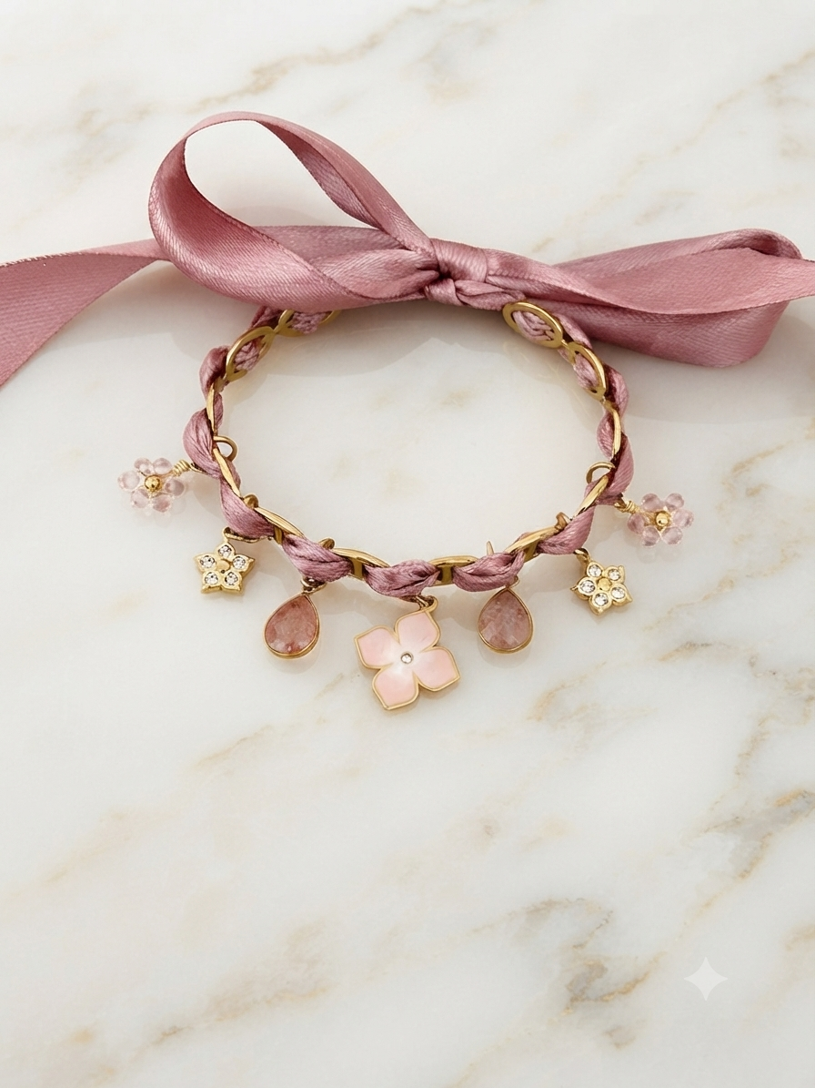 Bracelet breloques vieux rose en acier inoxydable, ruban satin noué et étoiles fleurs strass dorées