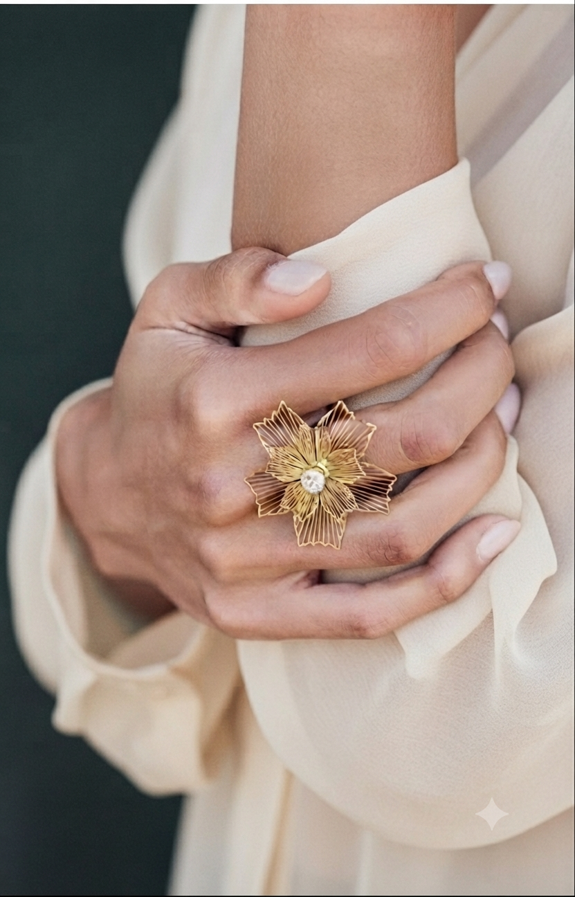 Bague Zéphir dorée portée, fleur ajourée sertie d'un cristal, acier inoxydable ajustable, Maëlyne Beauty