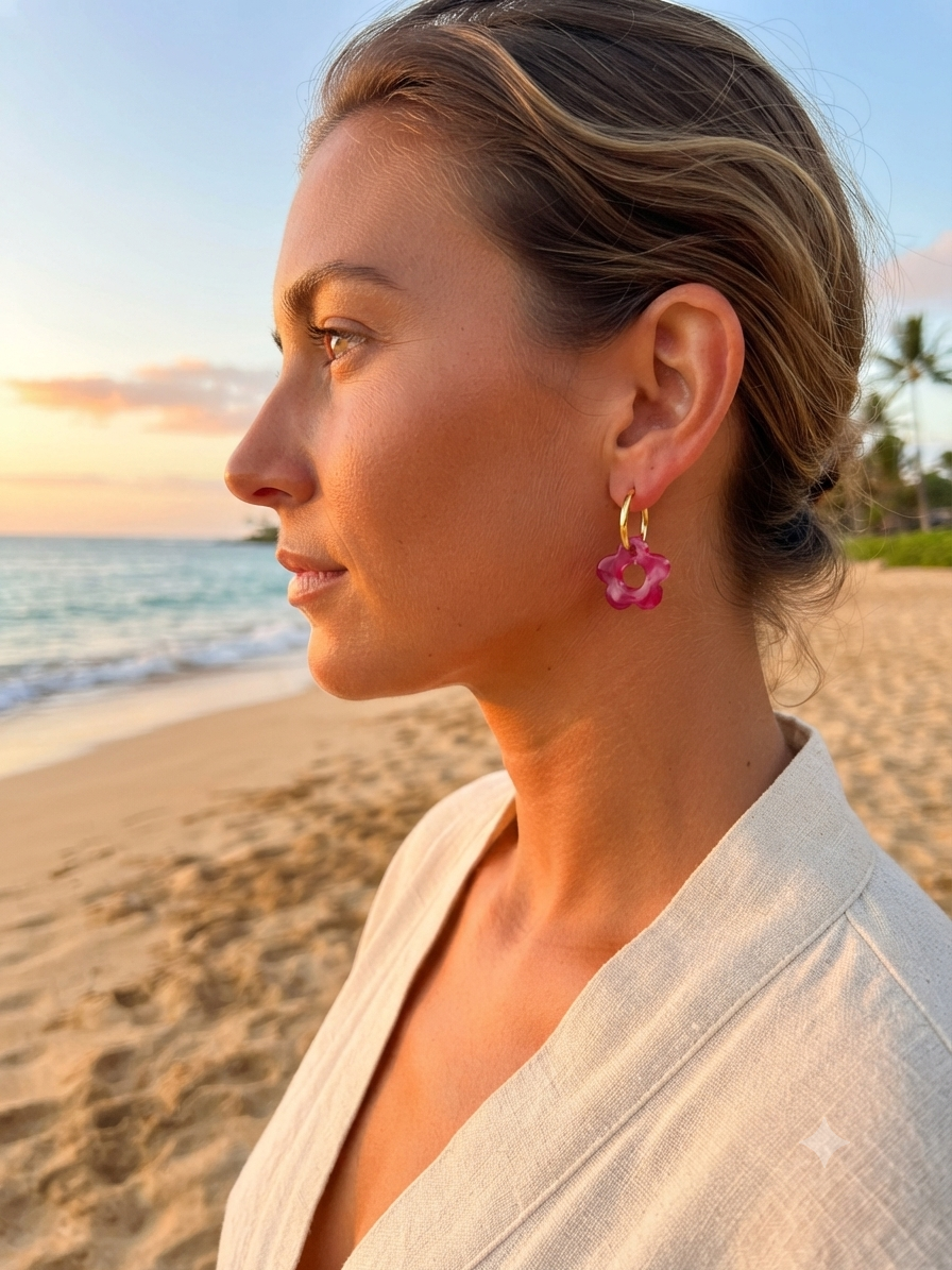 Boucles d'oreilles créoles Iriséa portées en extérieur - Maëlyne Beauty