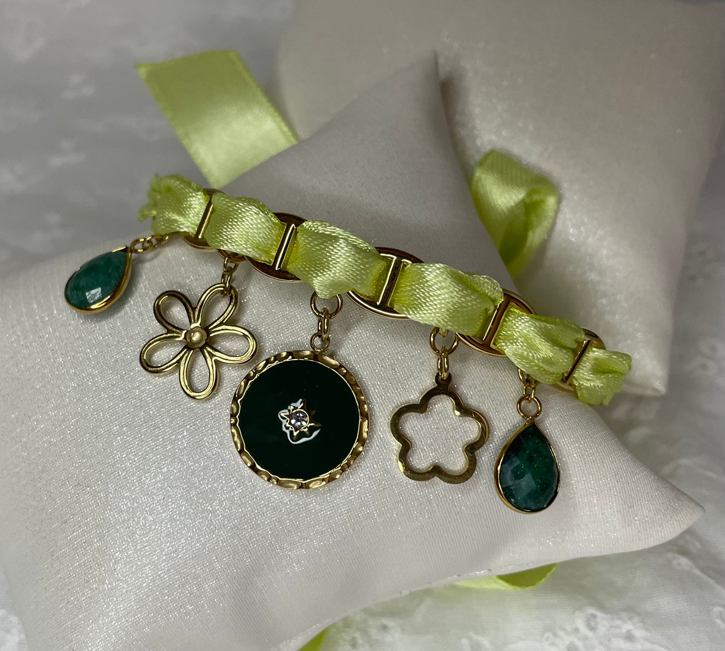 Bracelet ajustable en acier inoxydable, ruban vert pale, breloques 