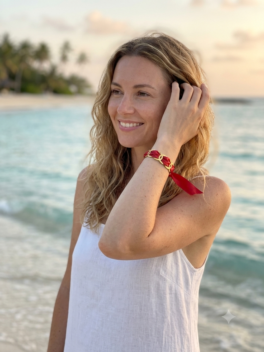 Bracelet en acier inoxydable avec ruban satin rouge