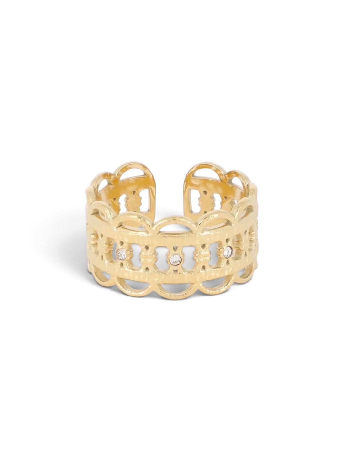 Bague Ozaya vue de profil, silhouette ajourée dorée ajustable, acier inoxydable, Maëlyne Beauty