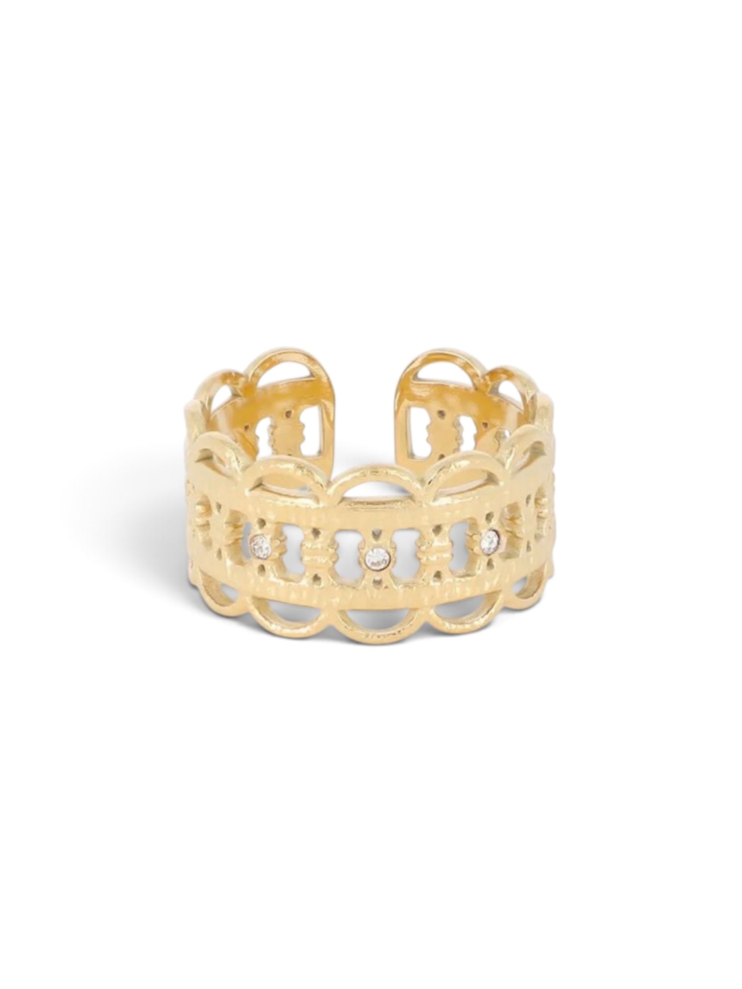 Bague Ozaya vue de profil, silhouette ajourée dorée ajustable, acier inoxydable, Maëlyne Beauty