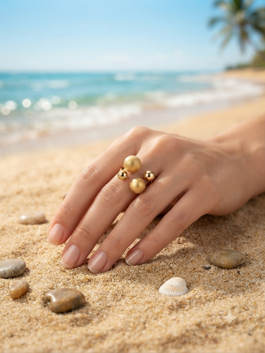 Bague Georgia dorée aux perles sphériques portée à la main sur fond de plage