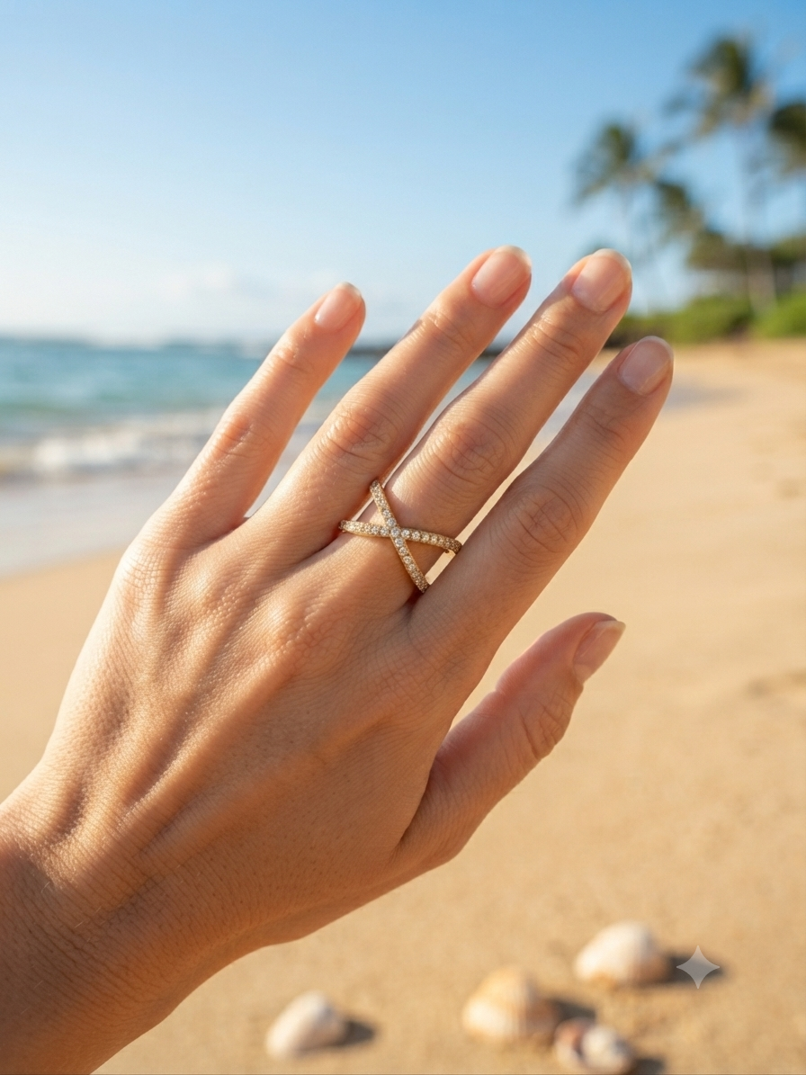 Bague Livia dorée en croix pavée de zircons portée à la main, ambiance plage