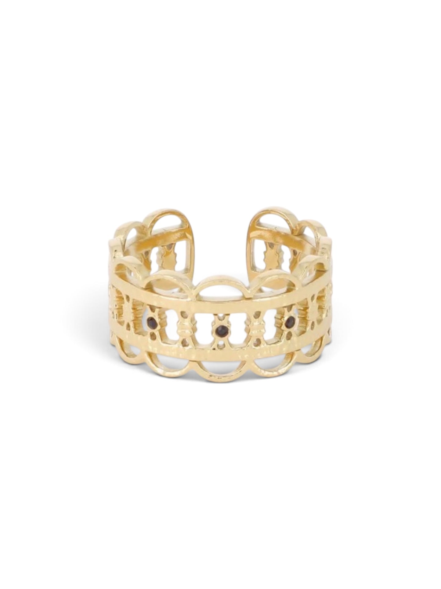 Bague Ozaya dorée ajustable, motif dentelle en acier inoxydable hypoallergénique, Maëlyne Beauty