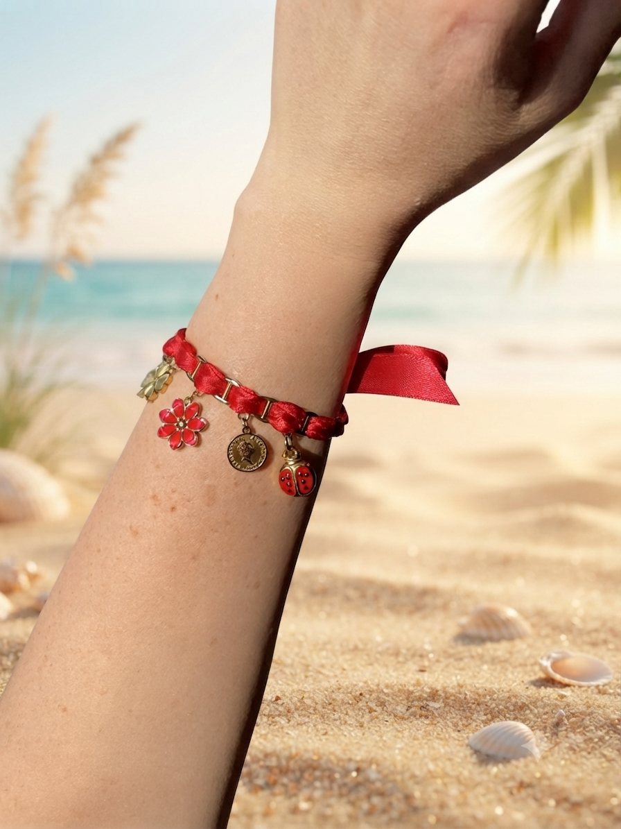Bracelet breloques rouge, trèfle doré, fleur émaillée et coccinelle, modèle unique