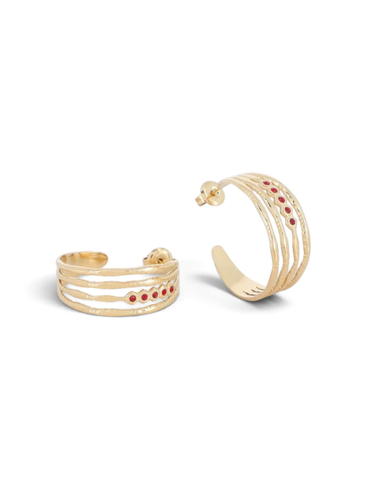 Boucles d'oreilles Gladys rouges, duo asymétrique doré en acier inoxydable, Maëlyne Beauty