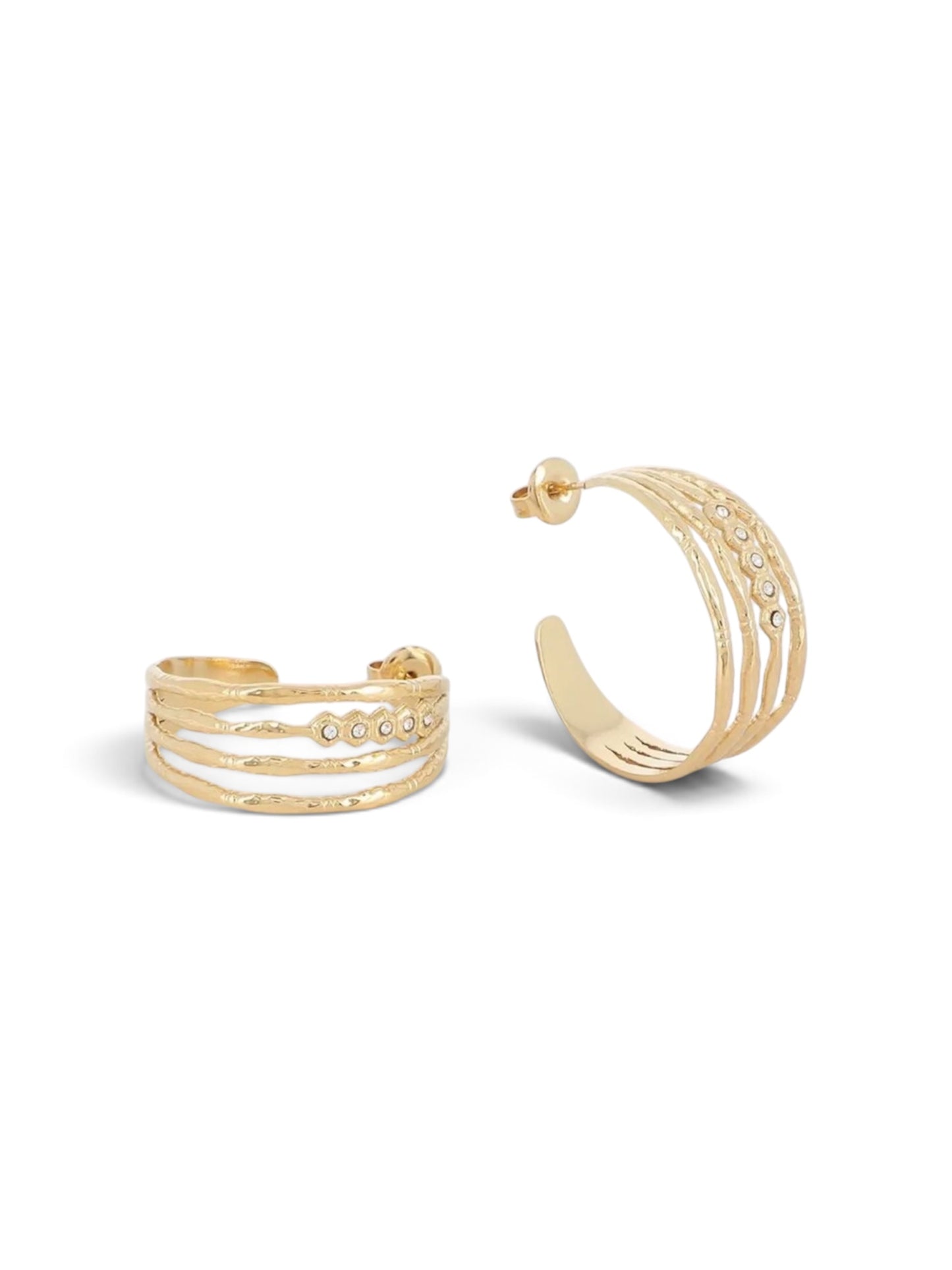 Boucles d'oreilles Gladys blanches, duo asymétrique doré en acier inoxydable, Maëlyne Beauty