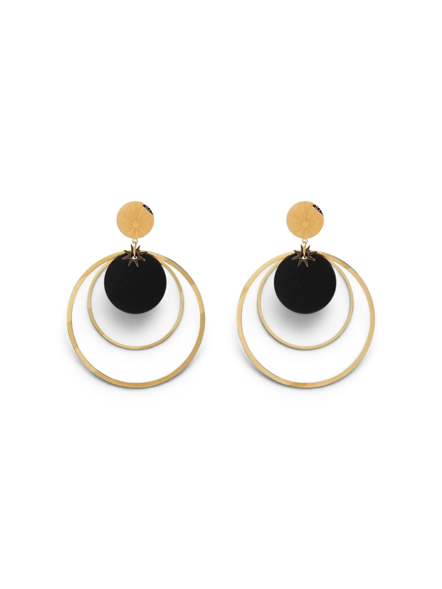 Boucles d'oreilles Linda en acier inoxydable doré, cercles noir et blanc, bijou statement Maëlyne Beauty