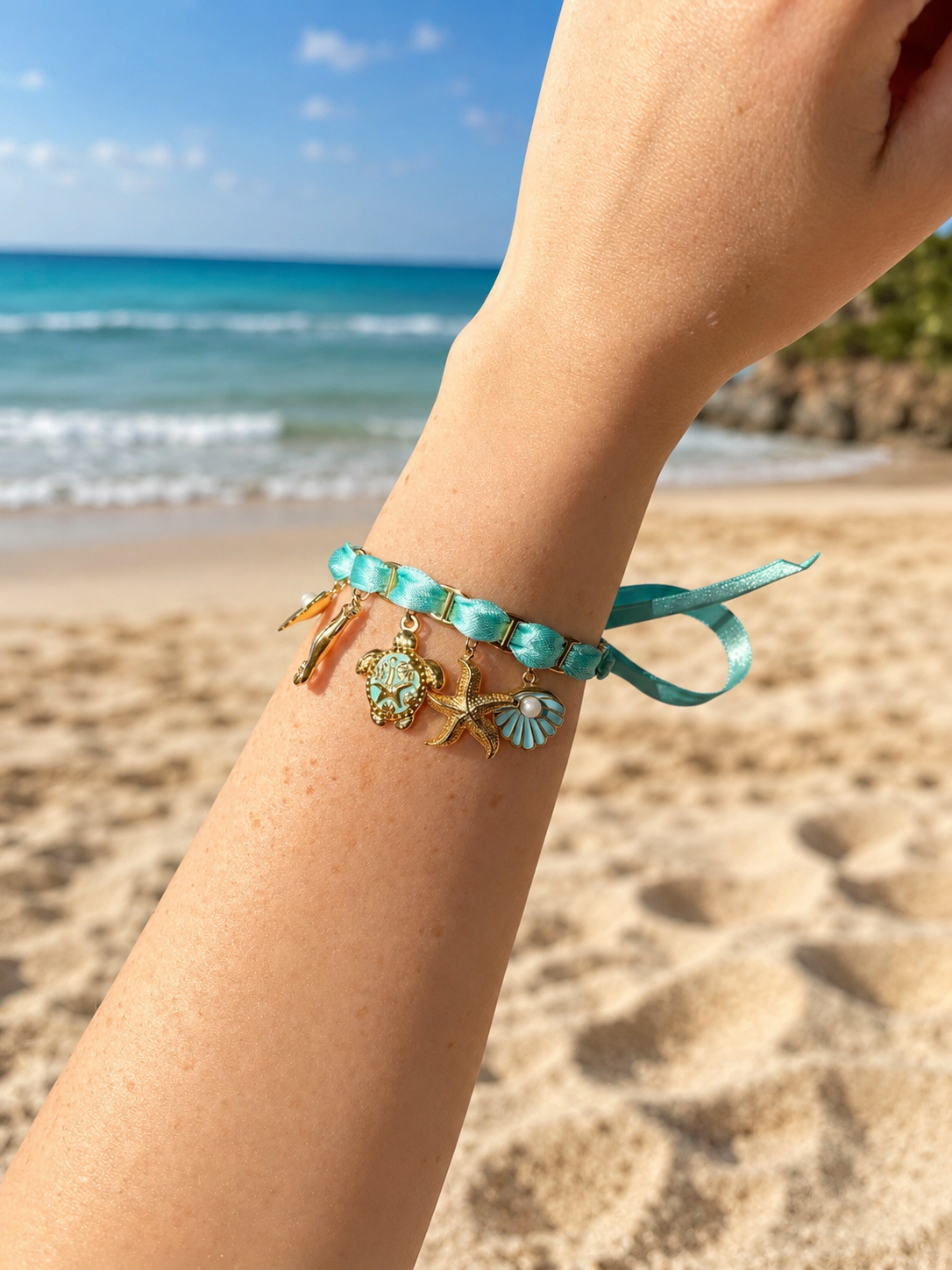 Détail des breloques du bracelet mer turquoise : coquillages, hippocampe, tortue et étoile de mer