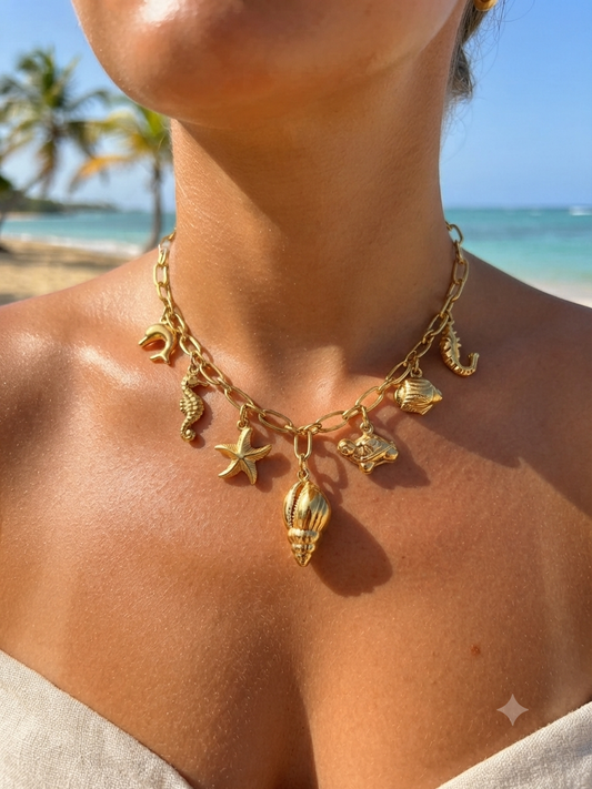 Collier Sonia à breloque thème marin doré en acier inoxydable hypoallergénique - Maëlyne Beauty