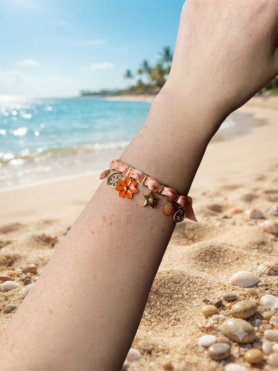 Bracelet breloques saumon porté sur la plage avec fleur orange, étoile et pierre