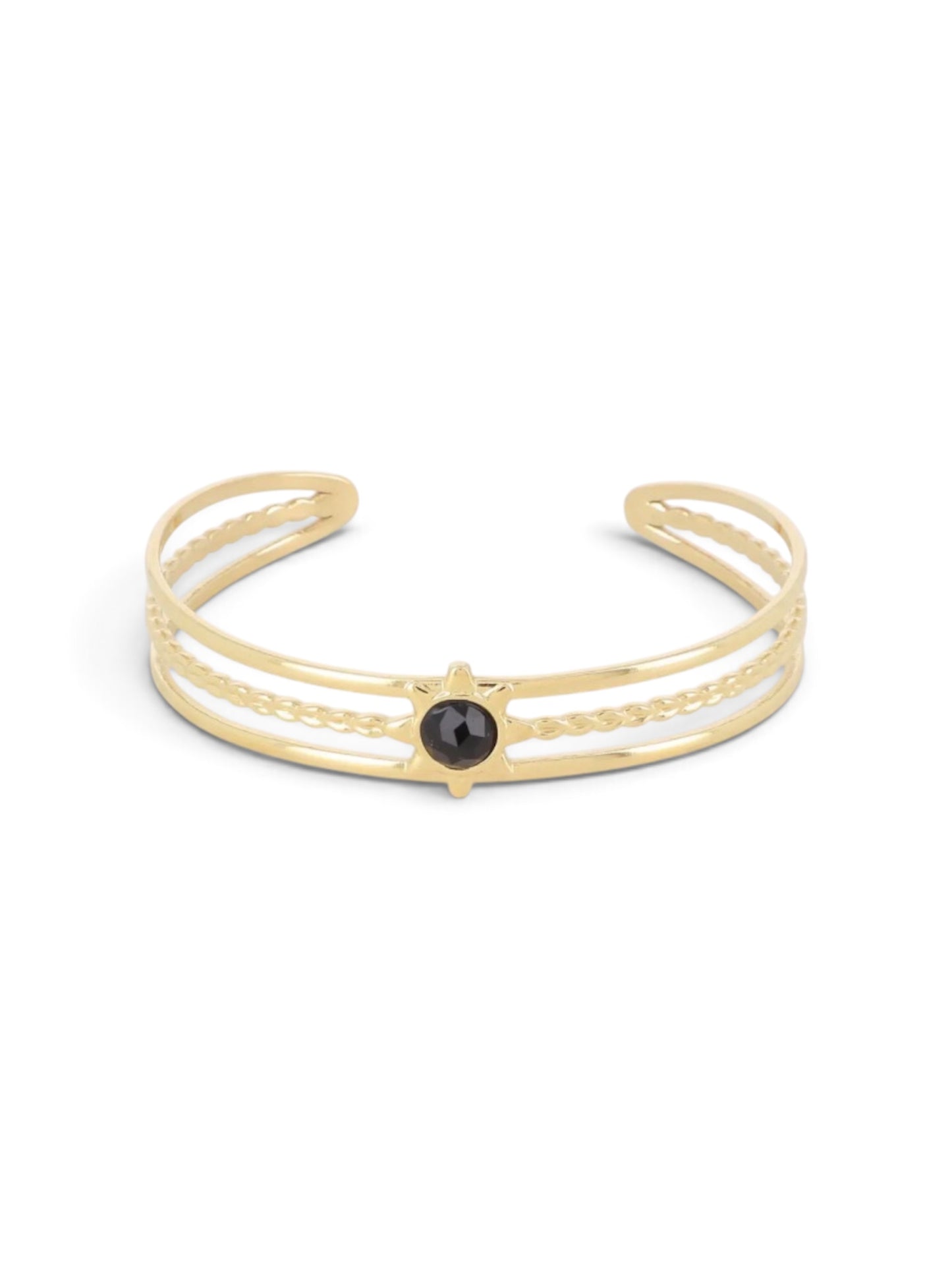 Bracelet Sannah doré ouvert ajustable avec pierre noire, acier inoxydable hypoallergénique, Maëlyne Beauty