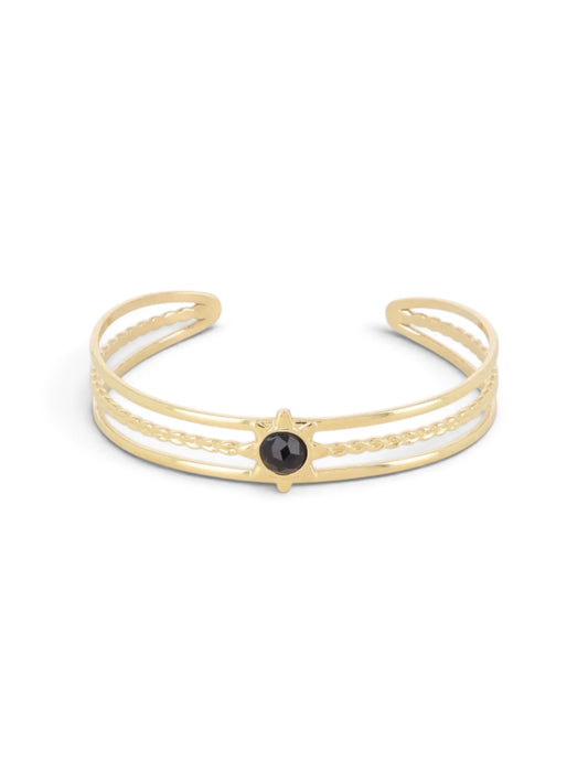 Bracelet Sannah doré ouvert ajustable avec pierre noire, acier inoxydable hypoallergénique, Maëlyne Beauty