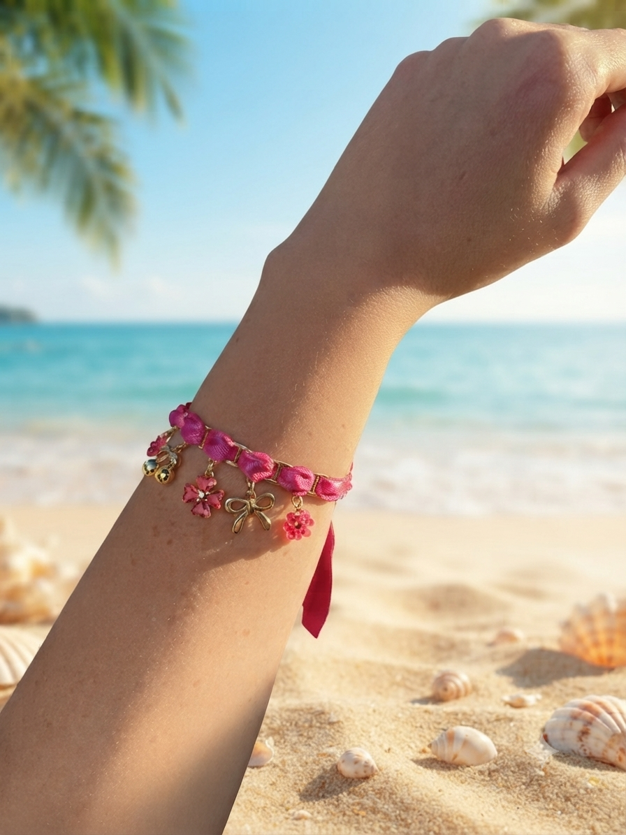Détail des breloques dorées du bracelet breloques fuchsia : fleur strass, nœud et cerises