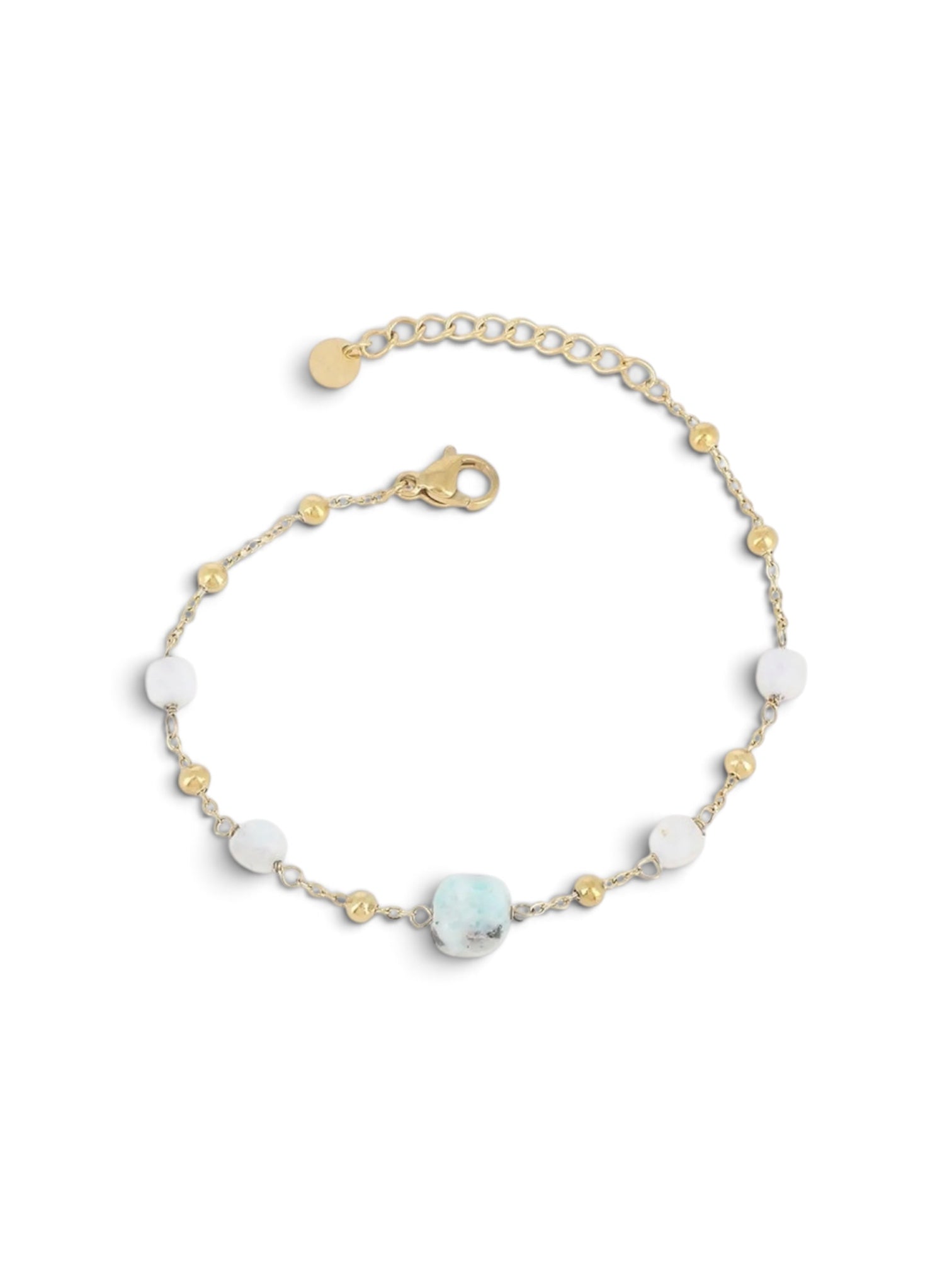 Bracelet Jackie, chaîne dorée perlée blanche et pierre turquoise, acier inoxydable hypoallergénique, Maëlyne Beauty
