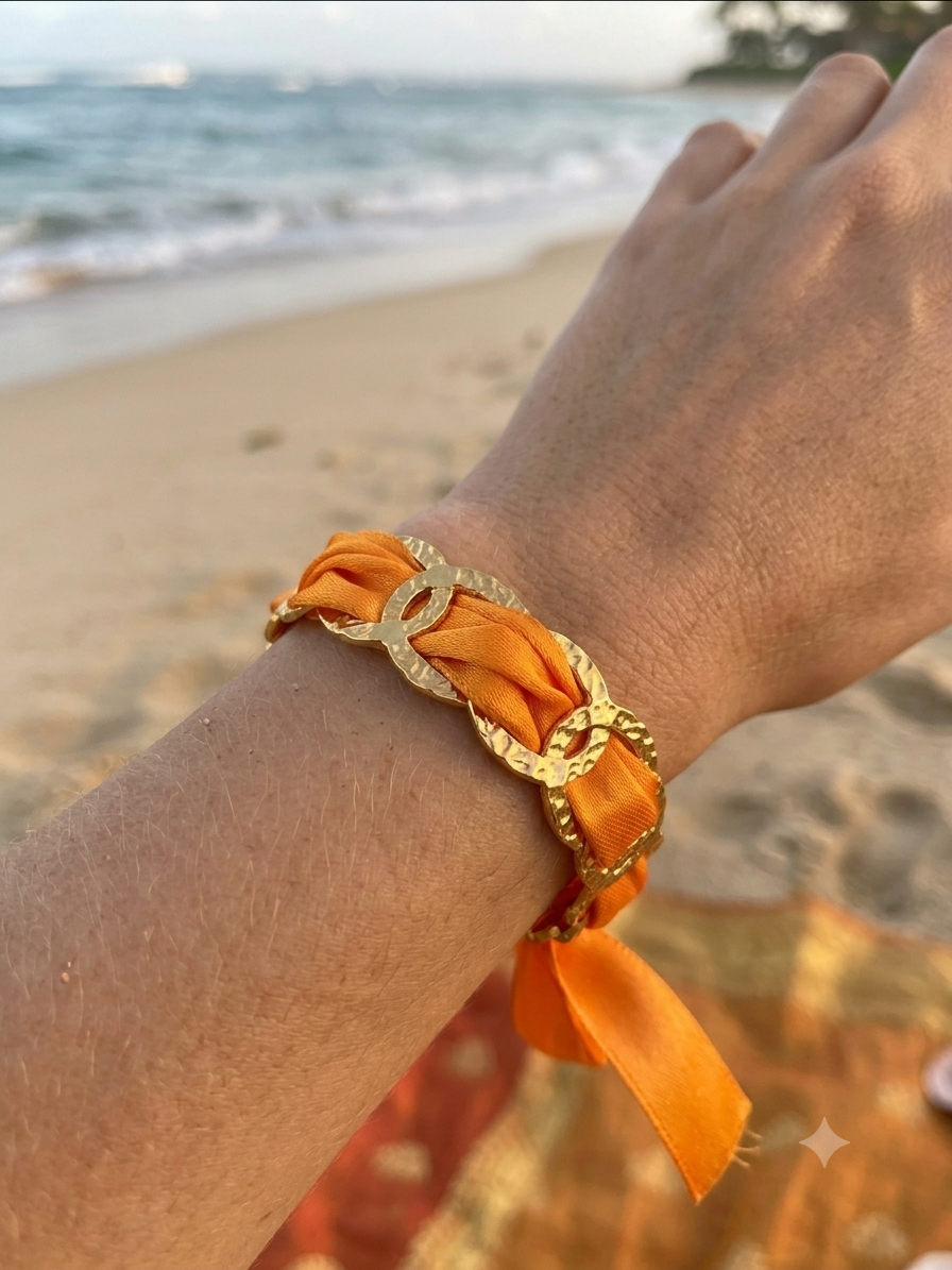 Bracelet jonc en acier inoxydable avec ruban satin interchangeable 
