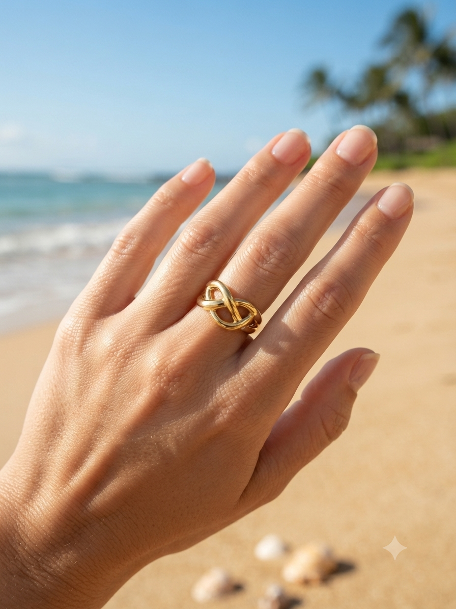 Bague Croisette dorée en acier inoxydable portée à la main, nœud entrelacé, ambiance plage