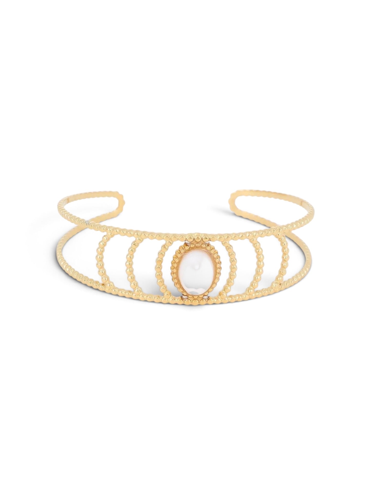 Bracelet Iza blanc, manchette dorée à rayures avec pierre ovale, Maëlyne Beauty