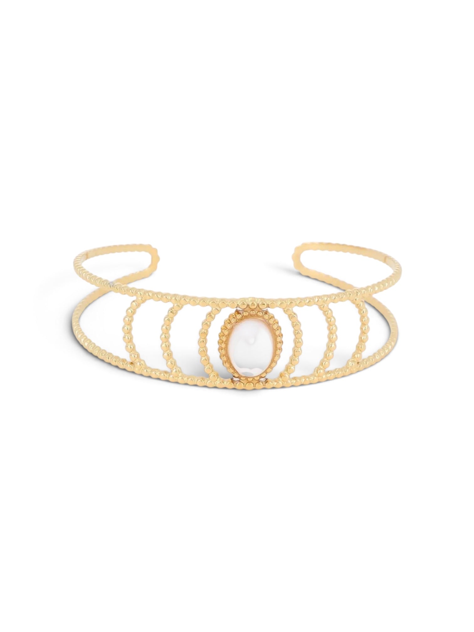 Bracelet Iza blanc, manchette dorée à rayures avec pierre ovale, Maëlyne Beauty