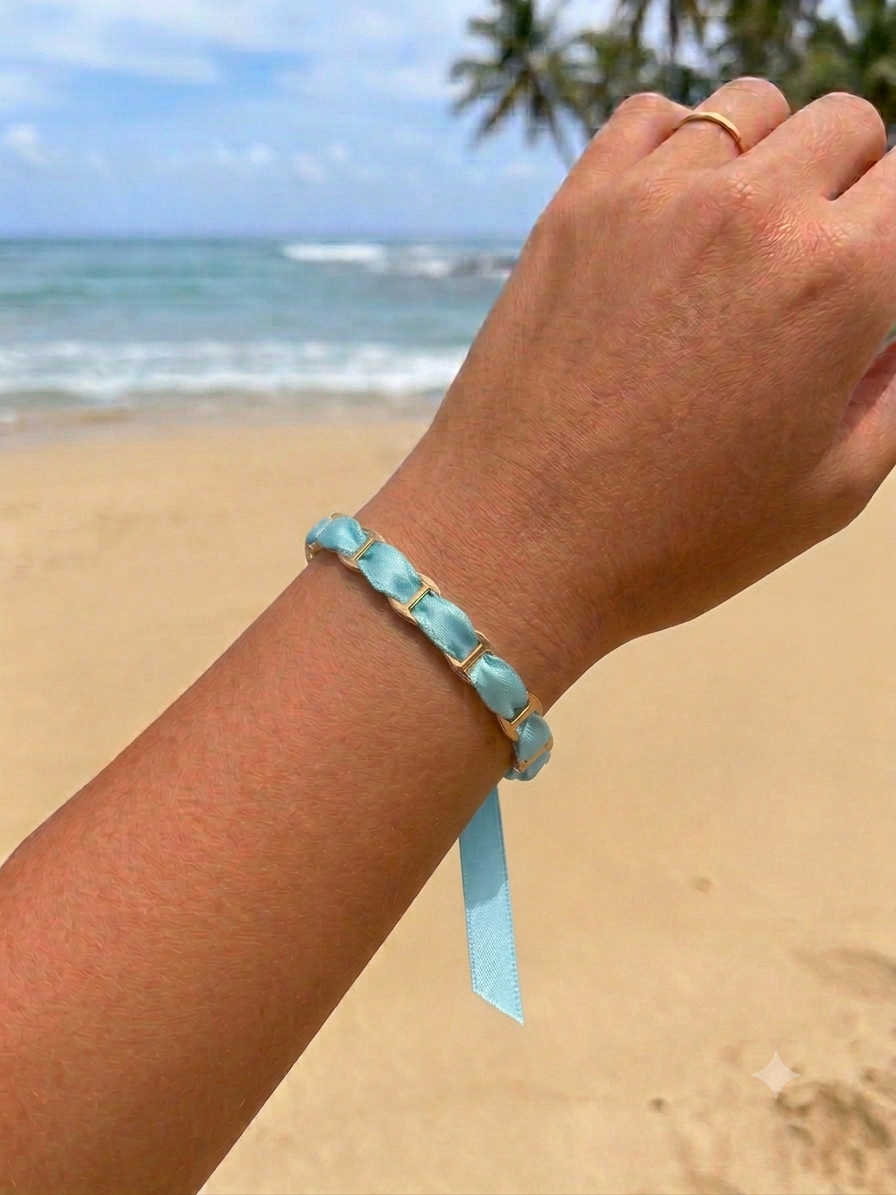 Bracelet ajustable acier inoxydable ruban satin bleu