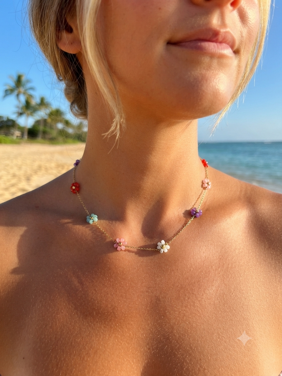 Collier Alice multicolore, fin collier en acier inoxydable hypoallergénique avec pampille émaillée.