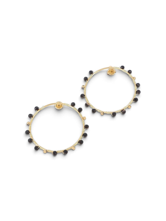 Boucles d'oreilles Chloé, créoles fines dorées perlées de noir, acier inoxydable hypoallergénique, Maëlyne Beauty