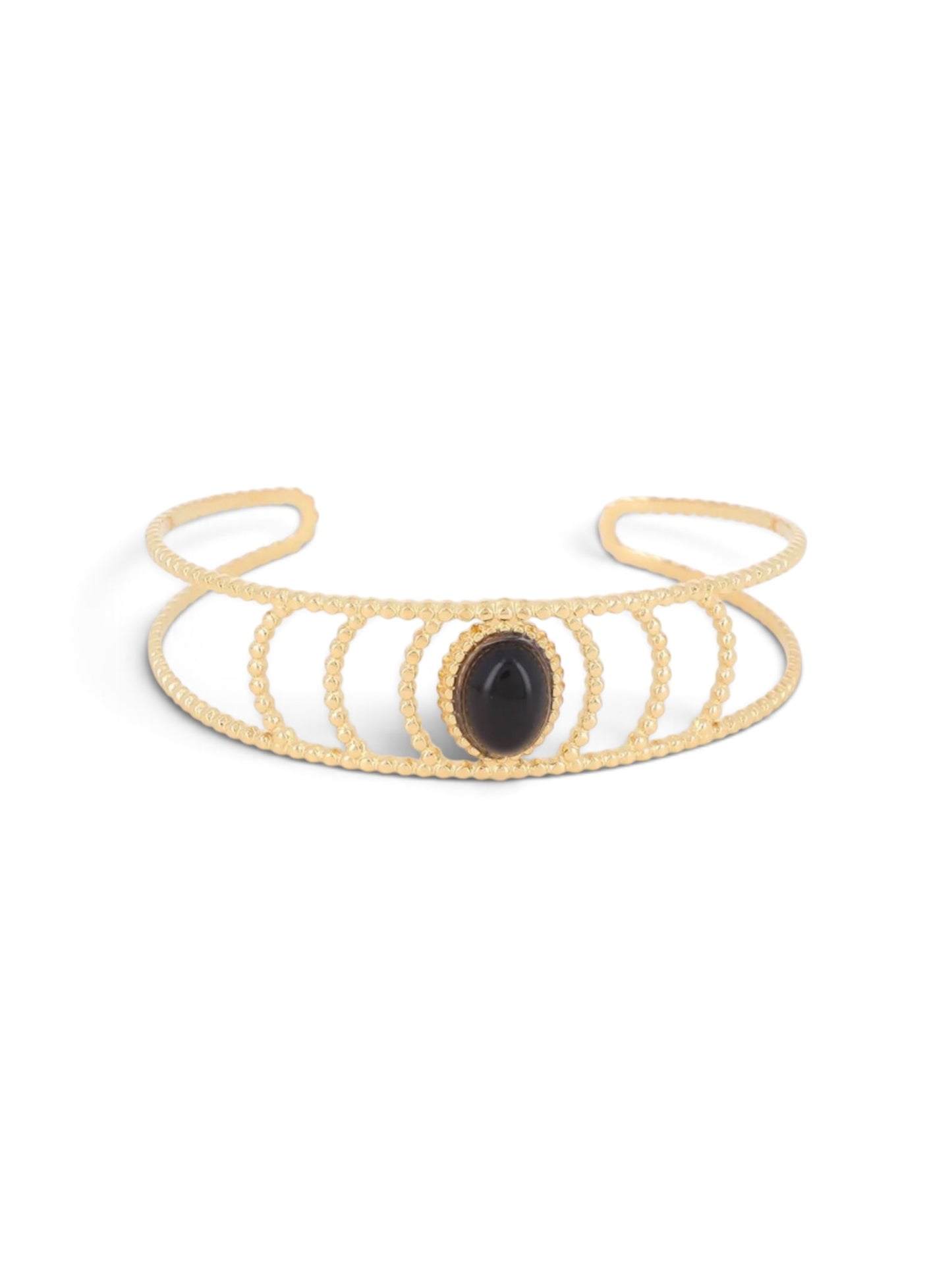 Bracelet Iza noir, manchette dorée à rayures avec pierre ovale, Maëlyne Beauty